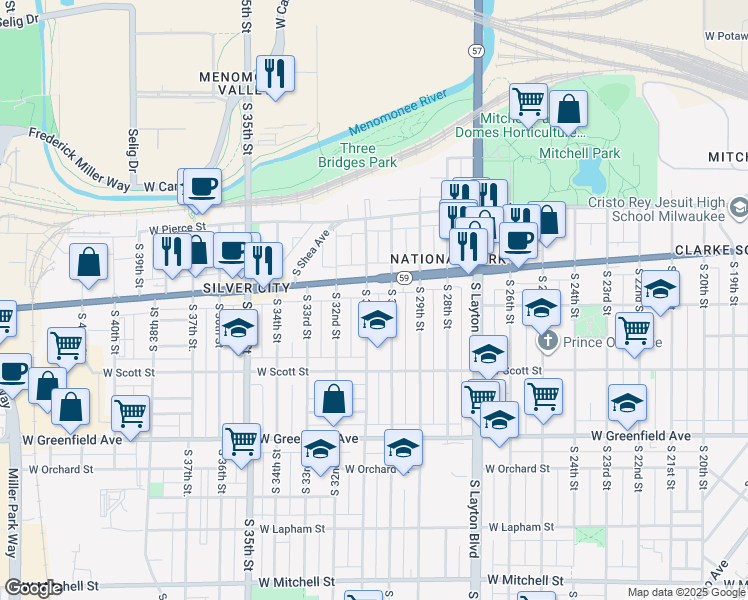 map of restaurants, bars, coffee shops, grocery stores, and more near in Milwaukee