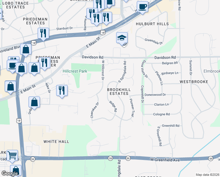 map of restaurants, bars, coffee shops, grocery stores, and more near 1060 Ridge Road in Waukesha