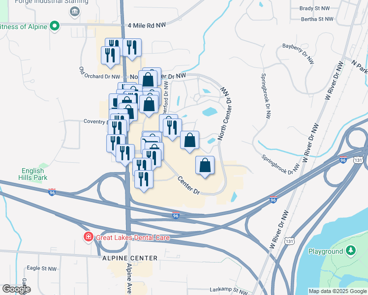 map of restaurants, bars, coffee shops, grocery stores, and more near 745 Center Drive Northwest in Walker