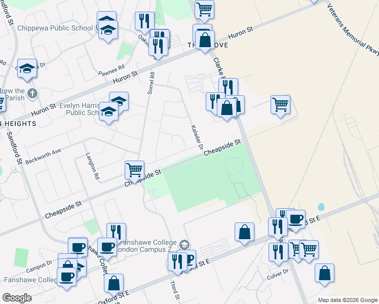 map of restaurants, bars, coffee shops, grocery stores, and more near 1598 Nairn Avenue in London