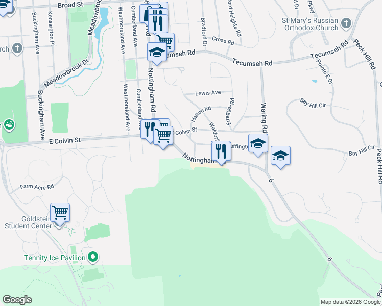 map of restaurants, bars, coffee shops, grocery stores, and more near 617 Nottingham Road in Syracuse