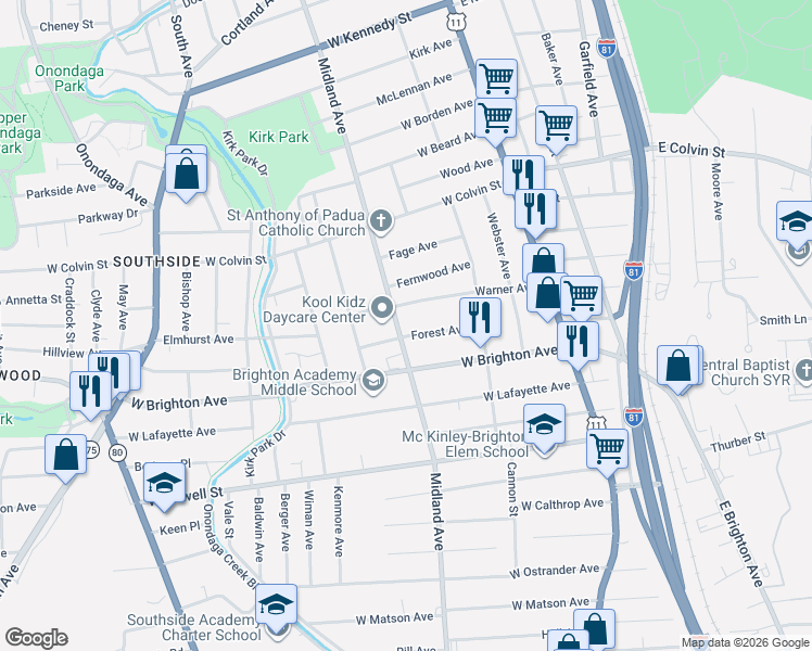 map of restaurants, bars, coffee shops, grocery stores, and more near 361 Warner Avenue in Syracuse