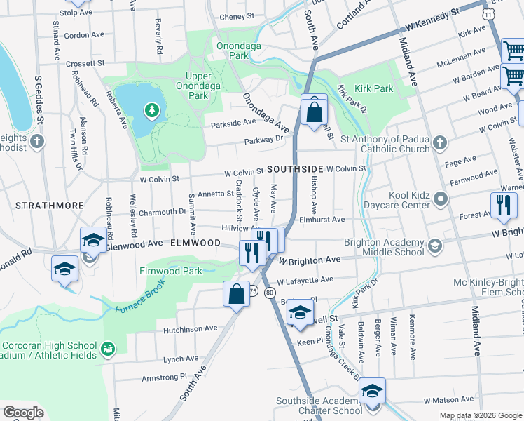 map of restaurants, bars, coffee shops, grocery stores, and more near 204 May Avenue in Syracuse