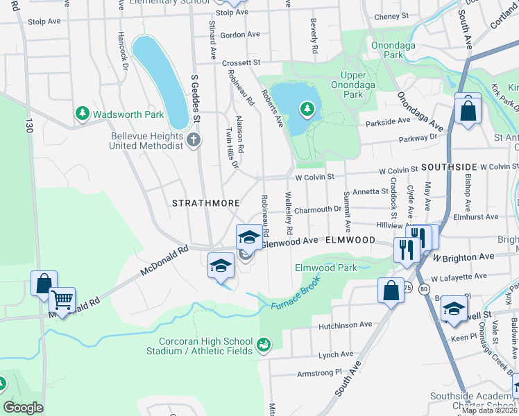 map of restaurants, bars, coffee shops, grocery stores, and more near 215 Strathmore Drive in Syracuse