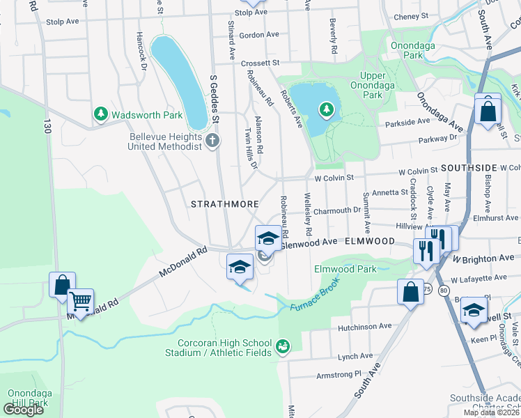 map of restaurants, bars, coffee shops, grocery stores, and more near 215 Strathmore Drive in Syracuse