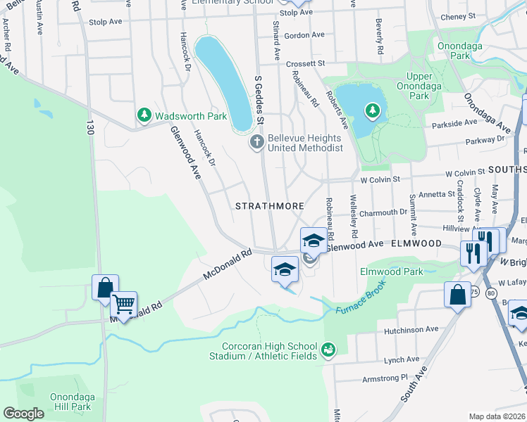 map of restaurants, bars, coffee shops, grocery stores, and more near in Syracuse