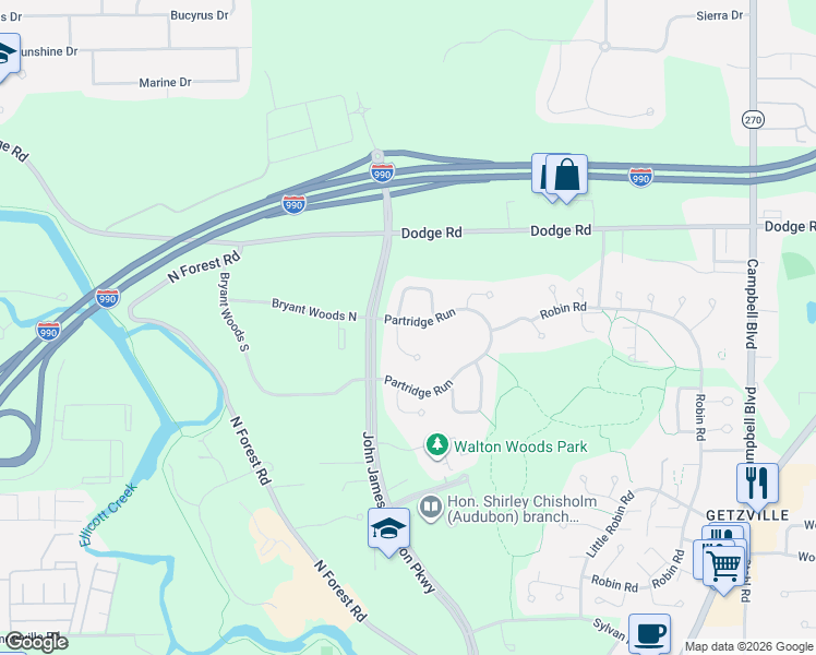 map of restaurants, bars, coffee shops, grocery stores, and more near 16 Bluebird Lane in Buffalo