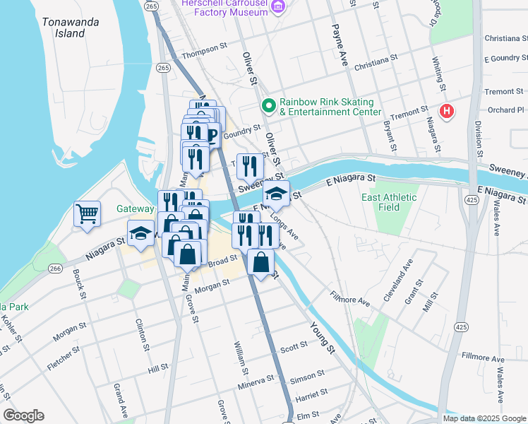 map of restaurants, bars, coffee shops, grocery stores, and more near 15 Fillmore Avenue in Tonawanda