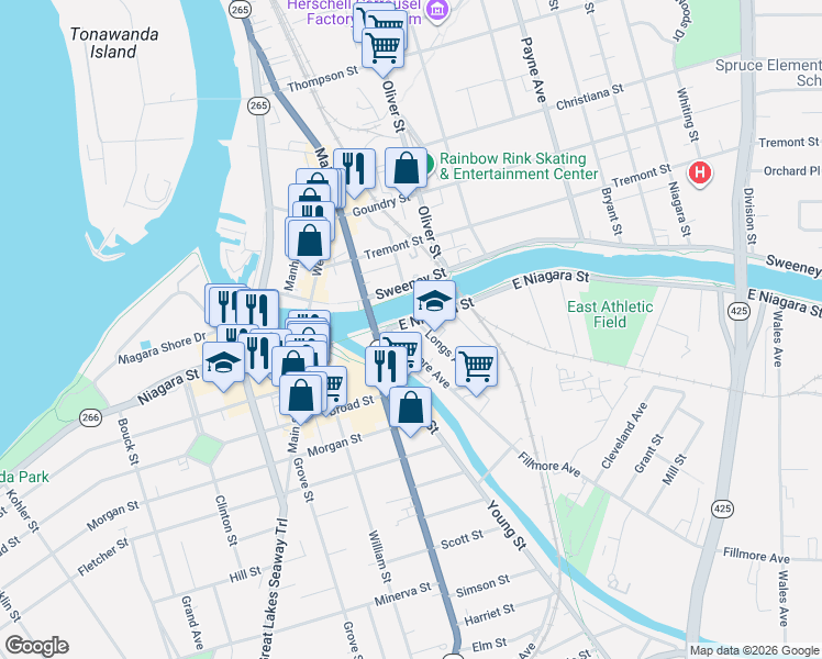 map of restaurants, bars, coffee shops, grocery stores, and more near 15 Fillmore Avenue in Tonawanda