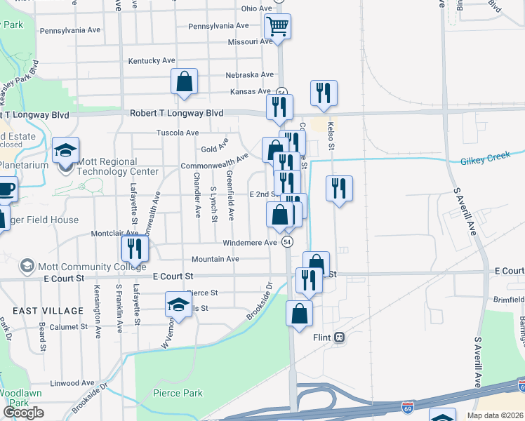 map of restaurants, bars, coffee shops, grocery stores, and more near 514 South Meade Street in Flint