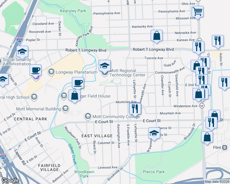 map of restaurants, bars, coffee shops, grocery stores, and more near 510 Kensington Avenue in Flint