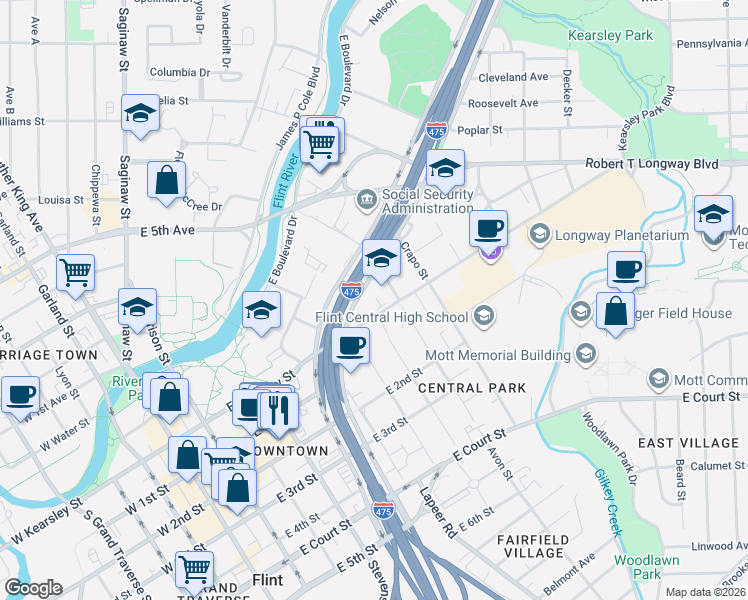 map of restaurants, bars, coffee shops, grocery stores, and more near 817 East Kearsley Street in Flint