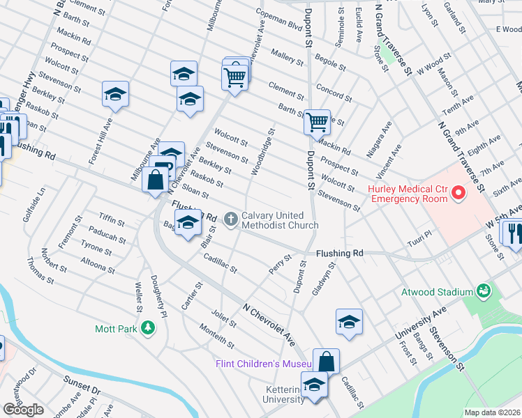 map of restaurants, bars, coffee shops, grocery stores, and more near 2021 Raskob Street in Flint