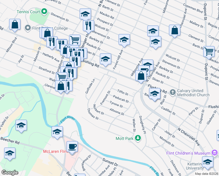 map of restaurants, bars, coffee shops, grocery stores, and more near 901 Fremont Street in Flint
