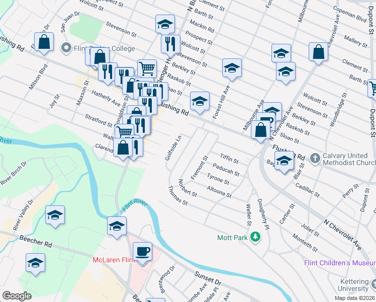 map of restaurants, bars, coffee shops, grocery stores, and more near 2750 Thomas Street in Flint
