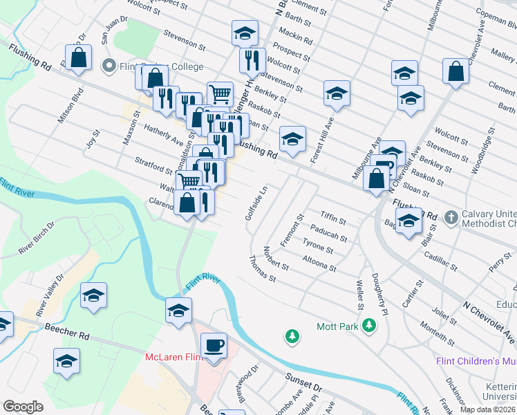 map of restaurants, bars, coffee shops, grocery stores, and more near 2738 Golfside Lane in Flint
