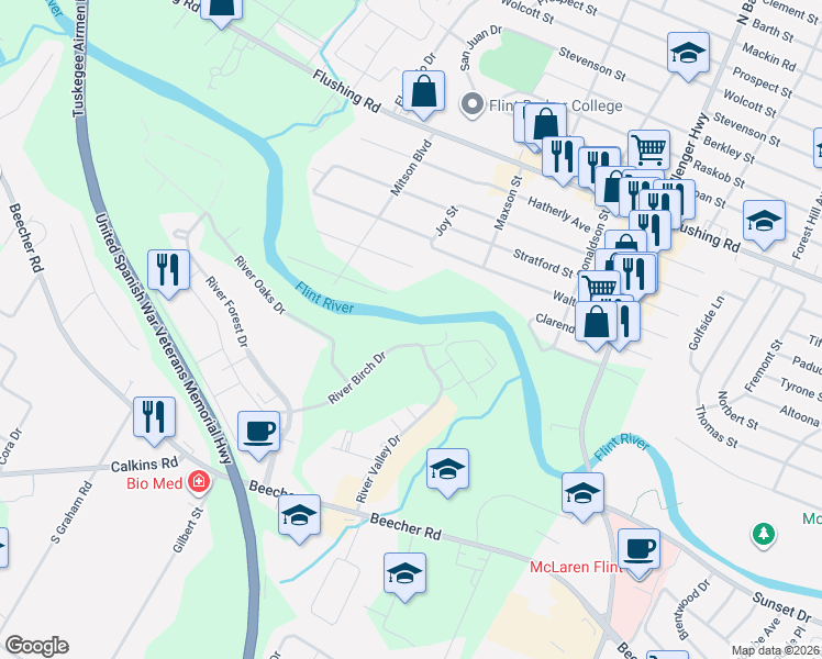map of restaurants, bars, coffee shops, grocery stores, and more near 1213 River Birch Drive in Flint