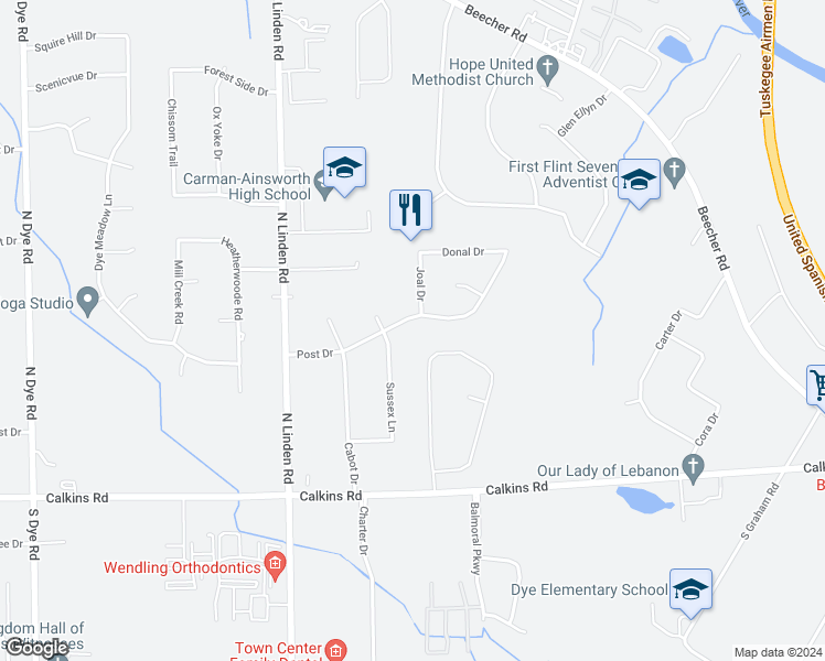 map of restaurants, bars, coffee shops, grocery stores, and more near 4383 Post Drive in Flint