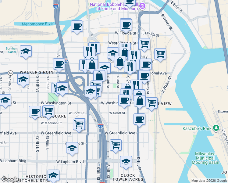 map of restaurants, bars, coffee shops, grocery stores, and more near 928 South 4th Street in Milwaukee