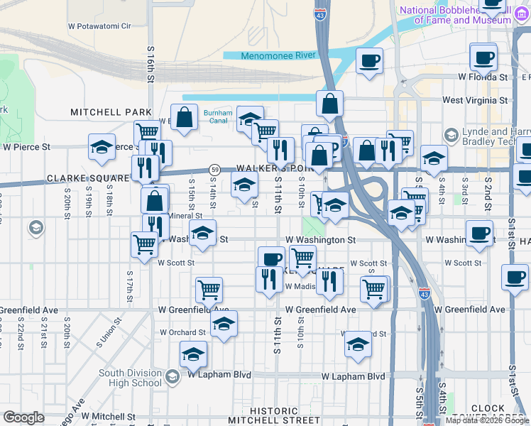 map of restaurants, bars, coffee shops, grocery stores, and more near 927A South 11th Street in Milwaukee