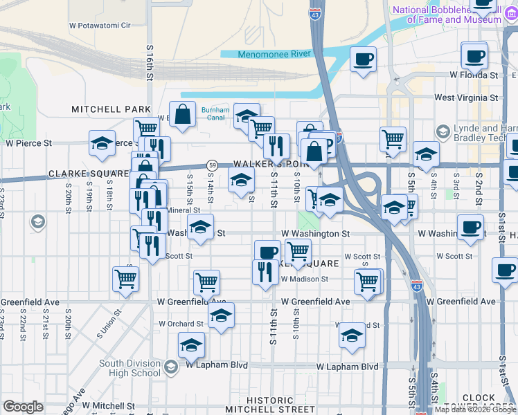 map of restaurants, bars, coffee shops, grocery stores, and more near 1210 West Mineral Street in Milwaukee