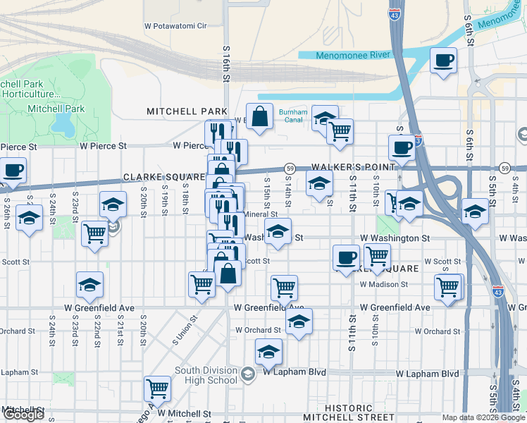 map of restaurants, bars, coffee shops, grocery stores, and more near 1530-1532 West Mineral Street in Milwaukee