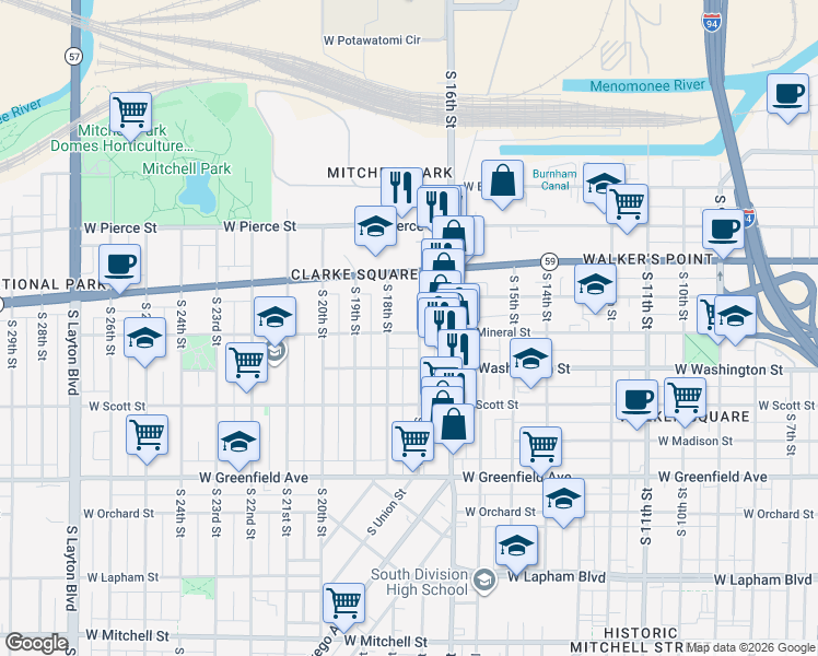 map of restaurants, bars, coffee shops, grocery stores, and more near 1704 West Mineral Street in Milwaukee