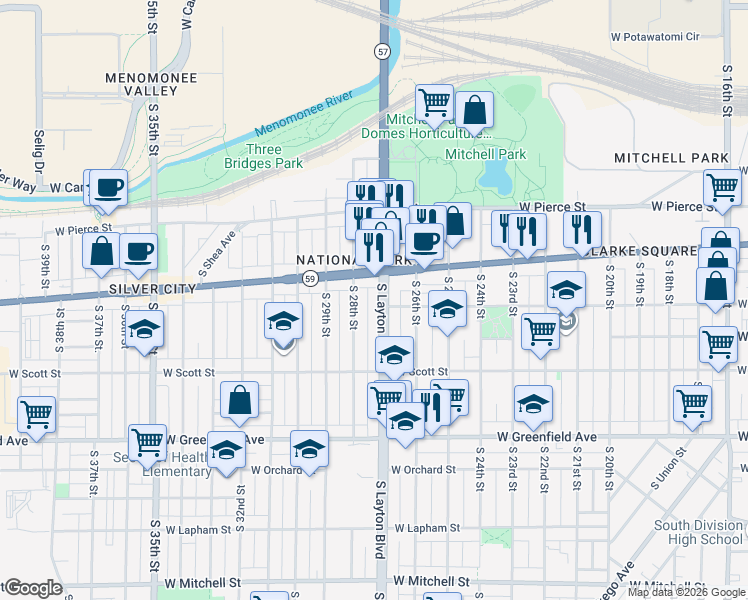 map of restaurants, bars, coffee shops, grocery stores, and more near 927 South Layton Boulevard in Milwaukee