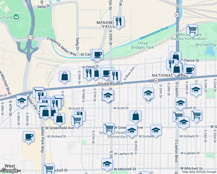 map of restaurants, bars, coffee shops, grocery stores, and more near in Milwaukee