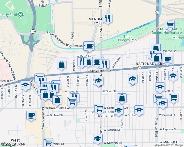 map of restaurants, bars, coffee shops, grocery stores, and more near in Milwaukee