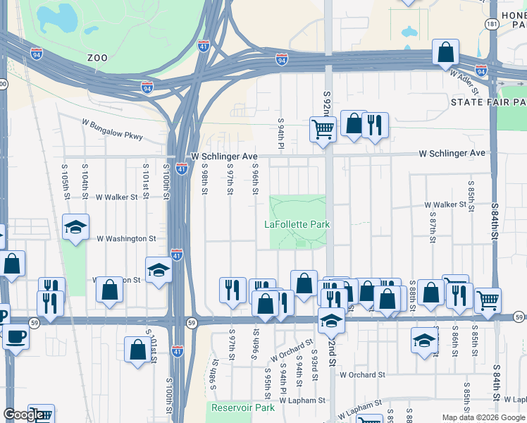 map of restaurants, bars, coffee shops, grocery stores, and more near 923 South 96th Street in West Allis