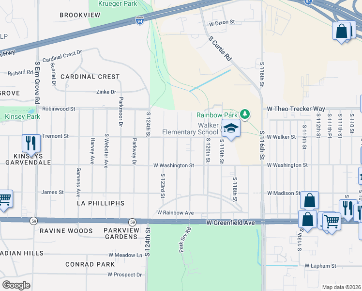 map of restaurants, bars, coffee shops, grocery stores, and more near 911 South 122nd Street in West Allis