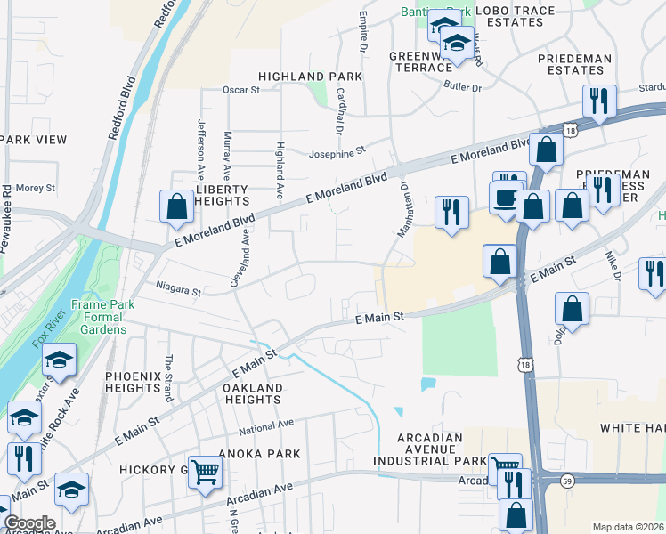 map of restaurants, bars, coffee shops, grocery stores, and more near 1407 Niagara Street in Waukesha