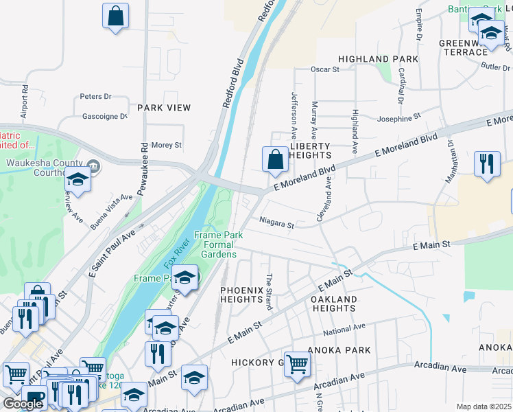 map of restaurants, bars, coffee shops, grocery stores, and more near 1430 White Rock Avenue in Waukesha