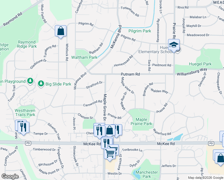map of restaurants, bars, coffee shops, grocery stores, and more near 17 Maple Grove Court in Madison