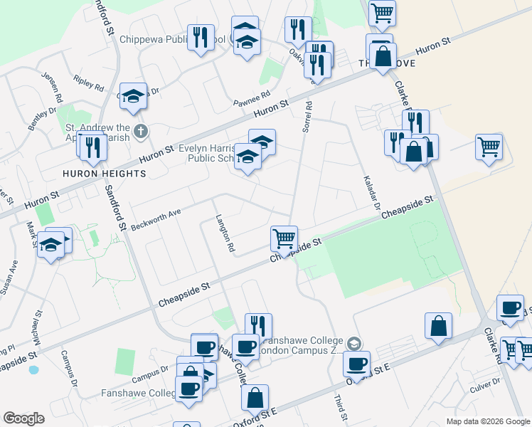 map of restaurants, bars, coffee shops, grocery stores, and more near 1502 Beckworth Avenue in London
