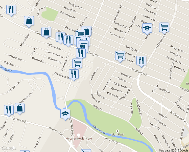 map of restaurants, bars, coffee shops, grocery stores, and more near 2738 Golfside Lane in Flint
