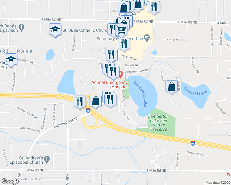 map of restaurants, bars, coffee shops, grocery stores, and more near 3222 Plainfield Avenue Northeast in Grand Rapids