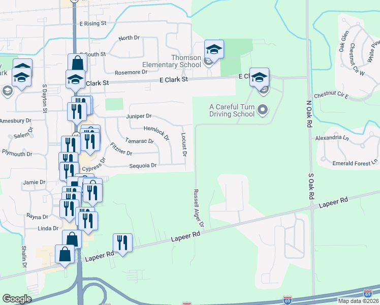 map of restaurants, bars, coffee shops, grocery stores, and more near 725 Locust Drive in Davison