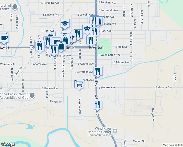 map of restaurants, bars, coffee shops, grocery stores, and more near 705 East Jefferson Avenue in Riverton
