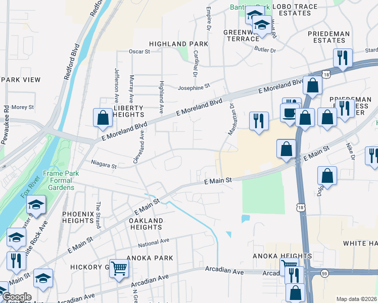 map of restaurants, bars, coffee shops, grocery stores, and more near 1407 Niagara Street in Waukesha