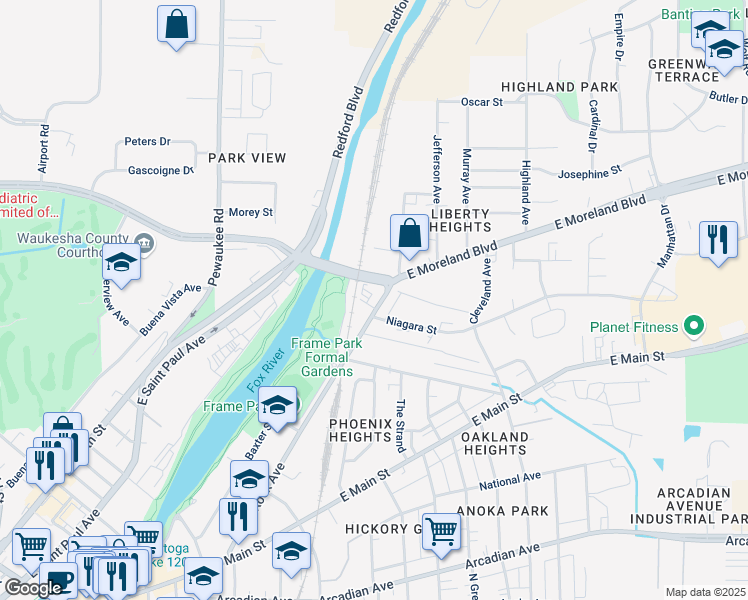 map of restaurants, bars, coffee shops, grocery stores, and more near 1430 White Rock Avenue in Waukesha