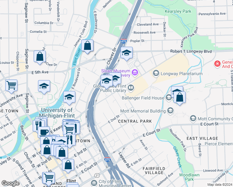 map of restaurants, bars, coffee shops, grocery stores, and more near 906 East Kearsley Street in Flint