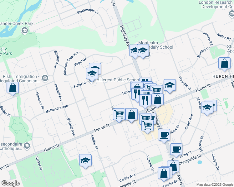 map of restaurants, bars, coffee shops, grocery stores, and more near 1272 Hillcrest Avenue in London