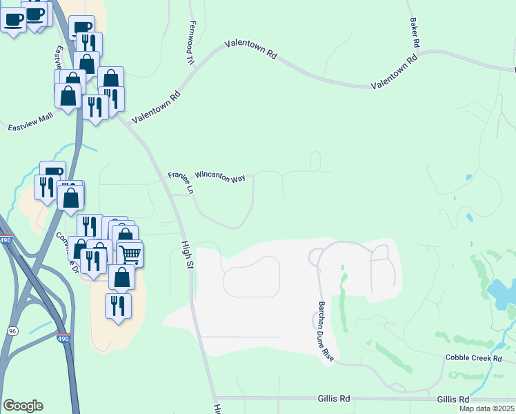 map of restaurants, bars, coffee shops, grocery stores, and more near 328 Franlee Lane in Victor