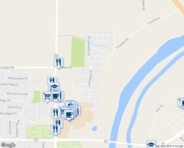 map of restaurants, bars, coffee shops, grocery stores, and more near 6 Madison Court East in Welland
