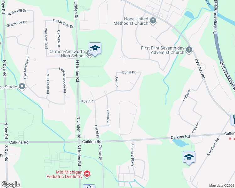 map of restaurants, bars, coffee shops, grocery stores, and more near 4383 Post Drive in Flint