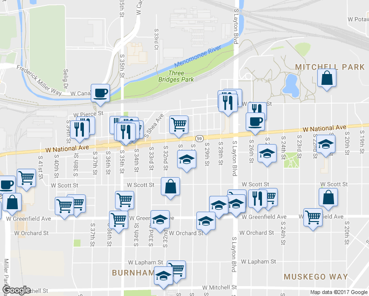 map of restaurants, bars, coffee shops, grocery stores, and more near 918 South 31st Street in Milwaukee