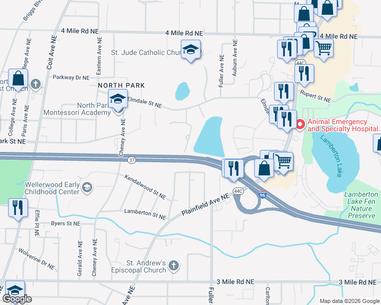 map of restaurants, bars, coffee shops, grocery stores, and more near 3222 Rickman Avenue Northeast in Grand Rapids