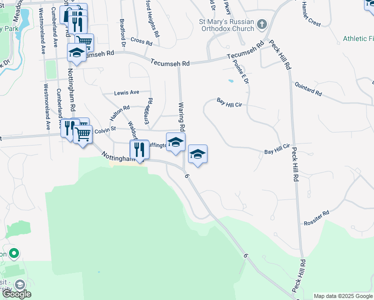 map of restaurants, bars, coffee shops, grocery stores, and more near 108 Waring Road in Syracuse